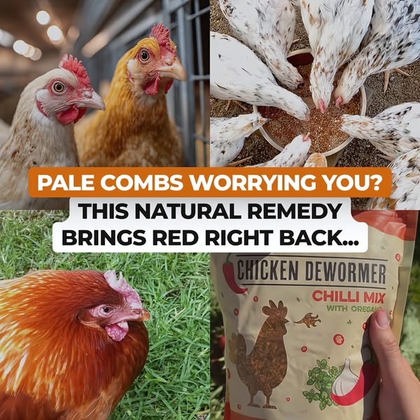 This 1:1 square creative uses a multi-frame layout to show the problem of pale chicken combs contrasted with the natural solution of a chili and oregano mix.